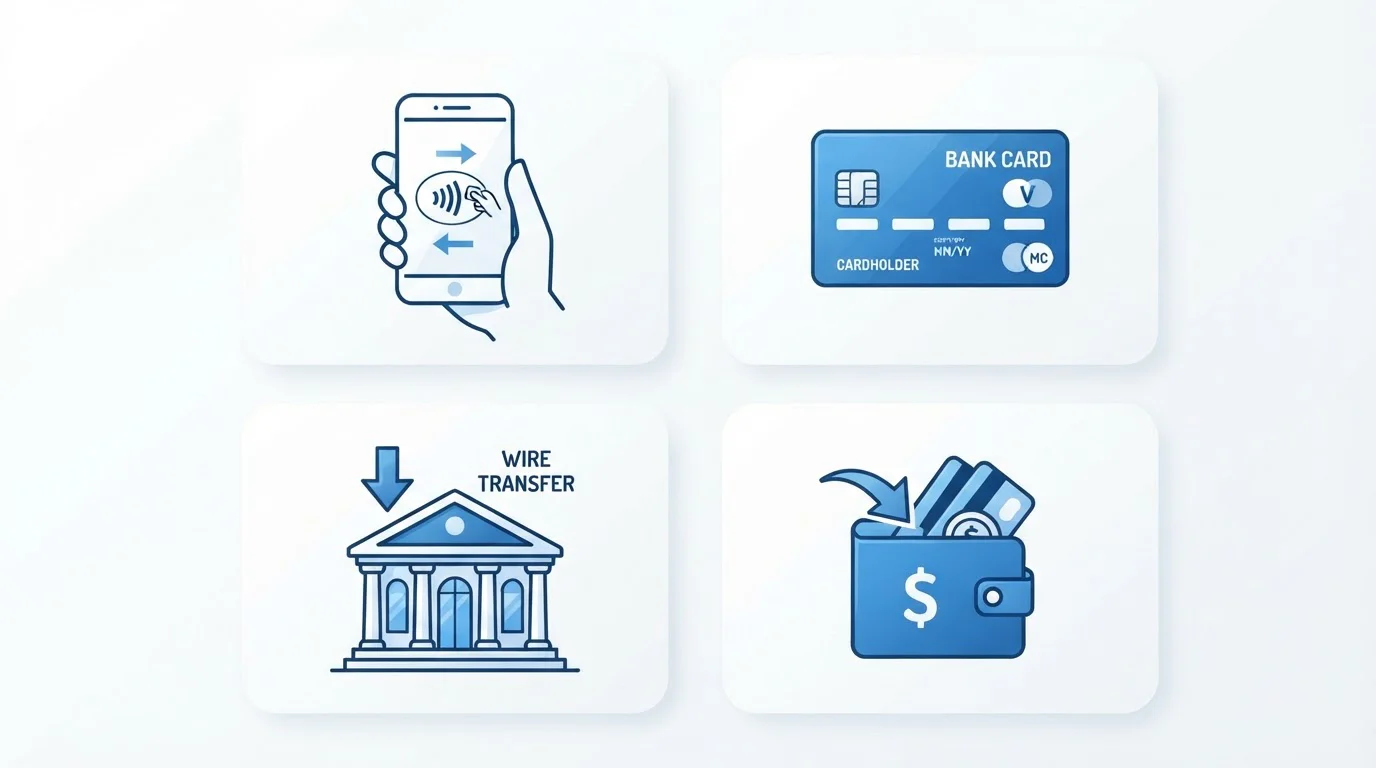 Iconos de métodos de pago alternativos: Bizum, tarjetas Visa y Mastercard, transferencia bancaria