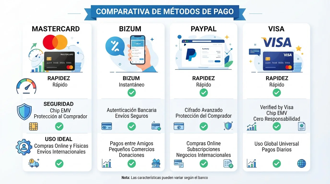 Comparación visual de métodos de pago en casino: Mastercard, Bizum, PayPal, Visa