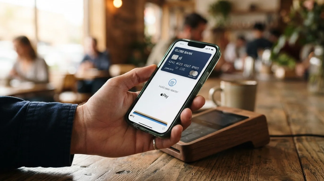 iPhone mostrando Apple Wallet con tarjeta bancaria lista para pago
