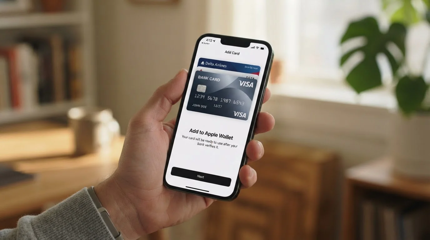 Primer plano de iPhone mostrando interfaz de Apple Wallet con tarjeta añadiéndose