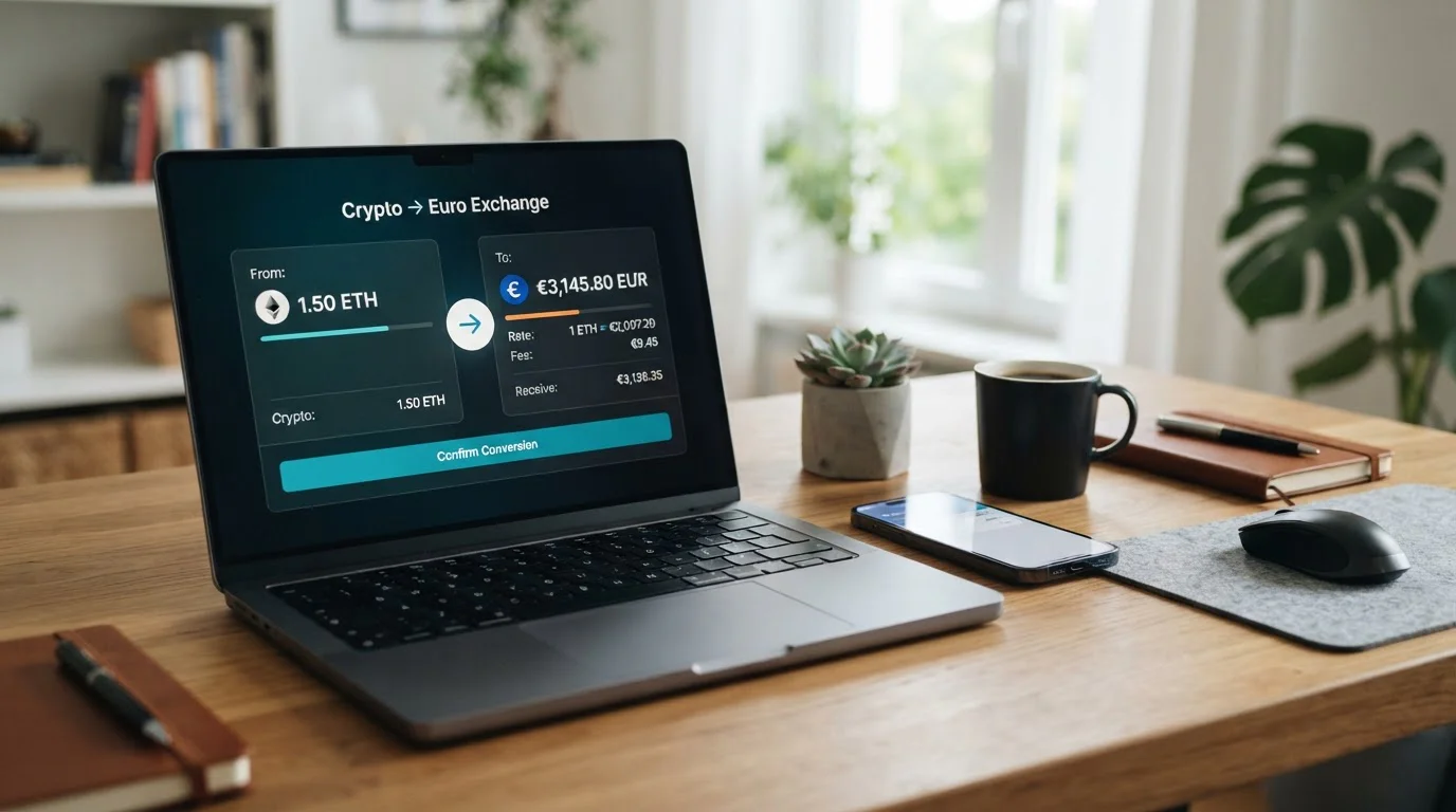Interfaz de pasarela Bitnovo Pay mostrando conversión cripto a euros