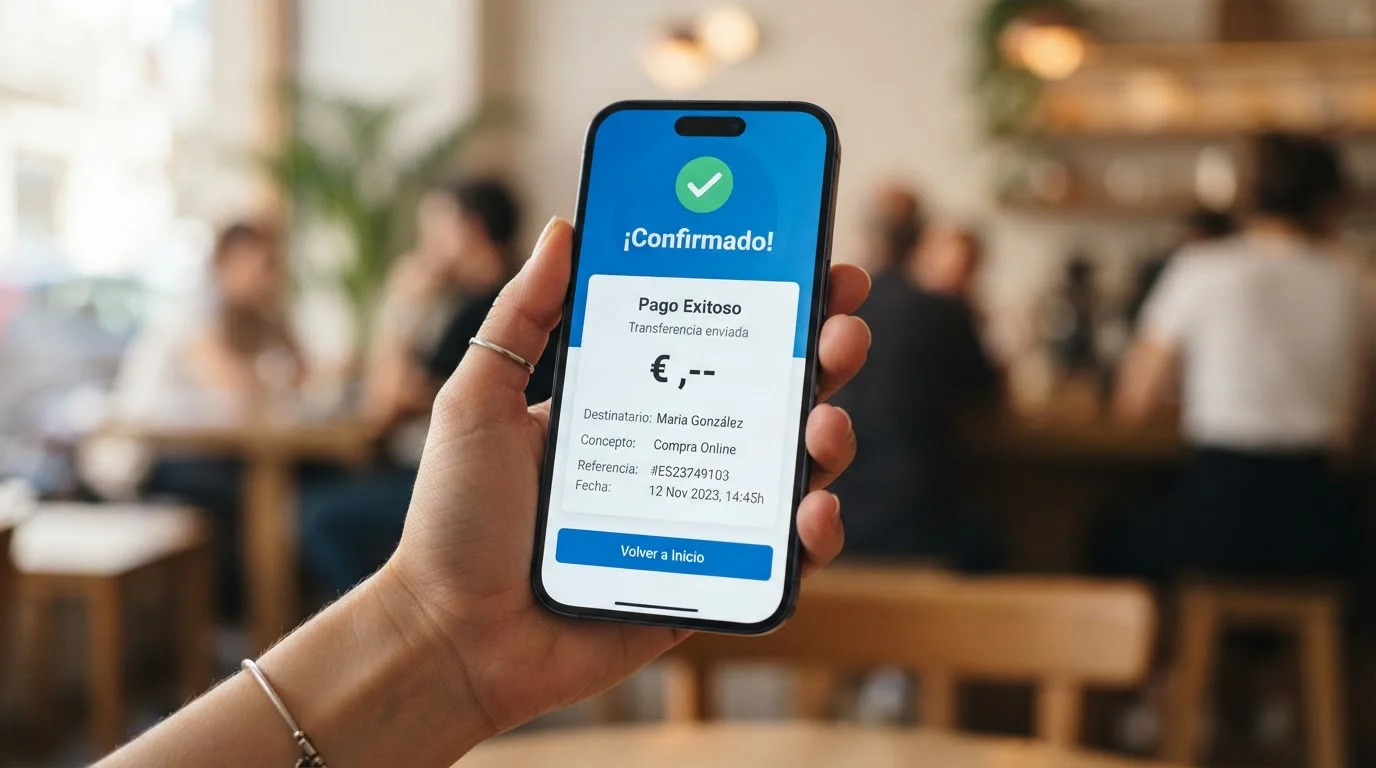 Smartphone mostrando app bancaria española con confirmación de pago Bizum a casino