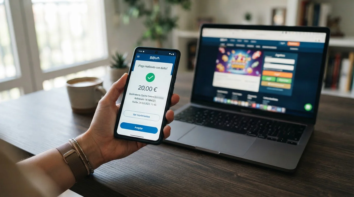 Smartphone mostrando pantalla de confirmación Bizum con importe 20 euros y logo de casino español en segundo plano