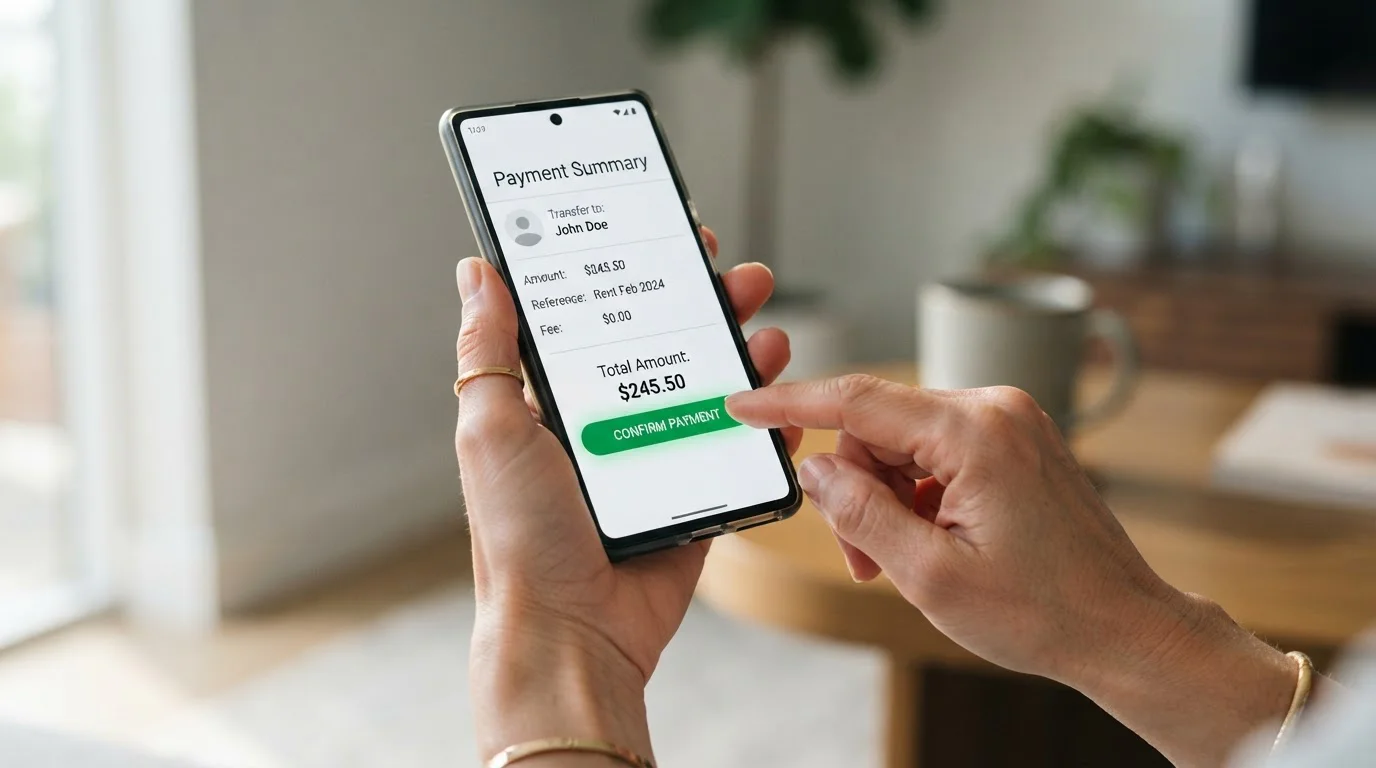 Manos sosteniendo smartphone con interfaz de pago móvil y botón de confirmación