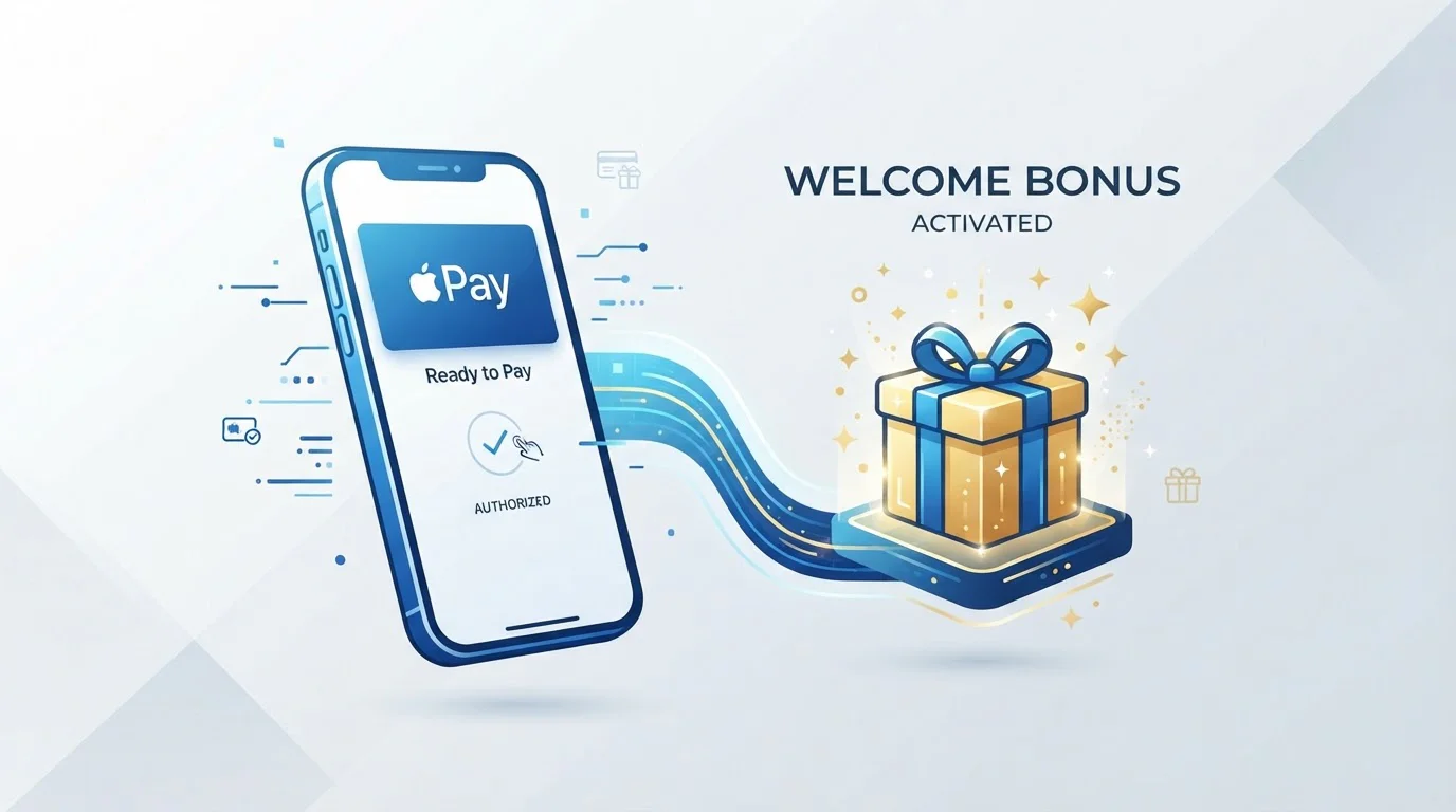 Ilustración de smartphone con Apple Pay junto a símbolo de bono de bienvenida