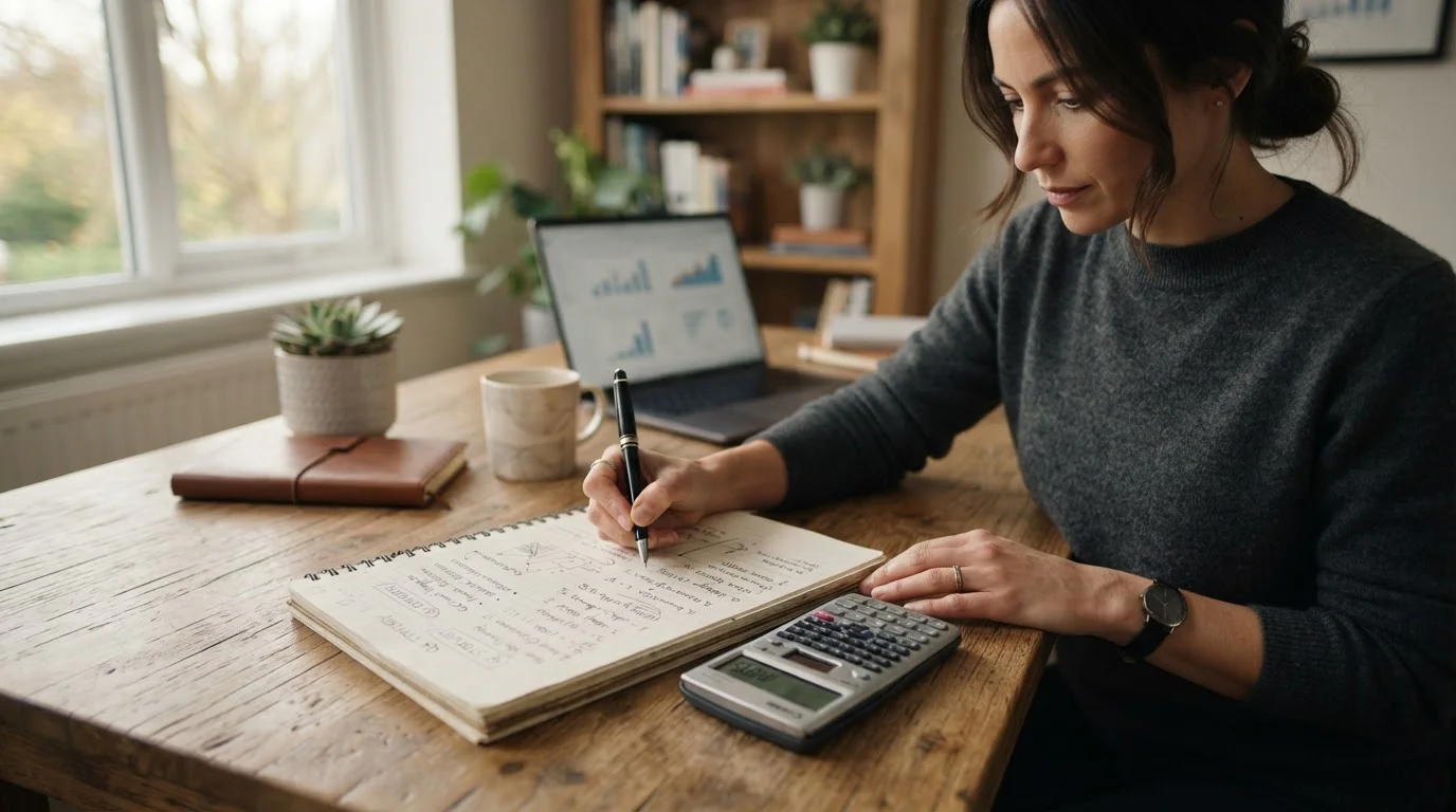 Bloc de notas con cálculos escritos a mano y calculadora sobre escritorio