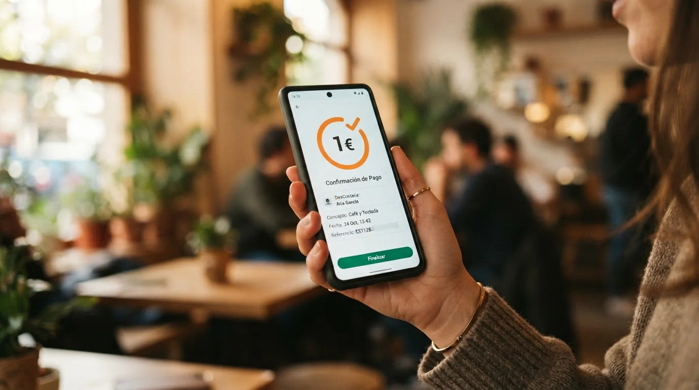 Mano sosteniendo smartphone con pantalla de confirmación de pago de 1 euro