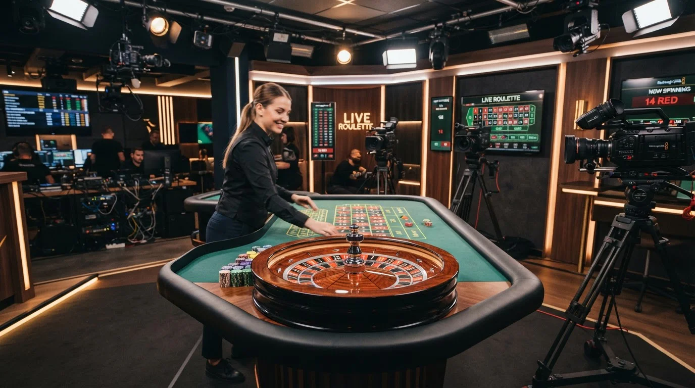 Mesa de casino en vivo con crupier real transmitida en directo desde estudio profesional