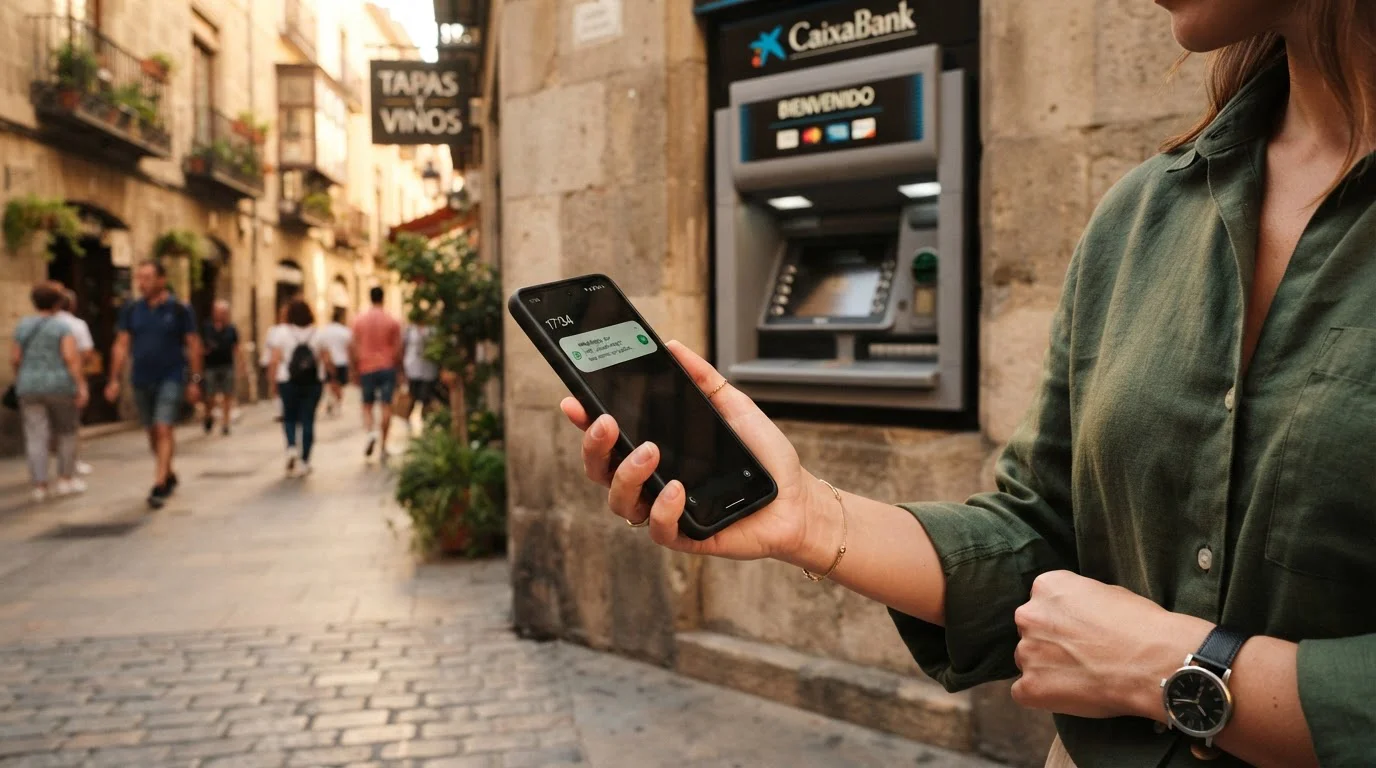 Mano sosteniendo smartphone con notificación de código HalCash y cajero automático al fondo