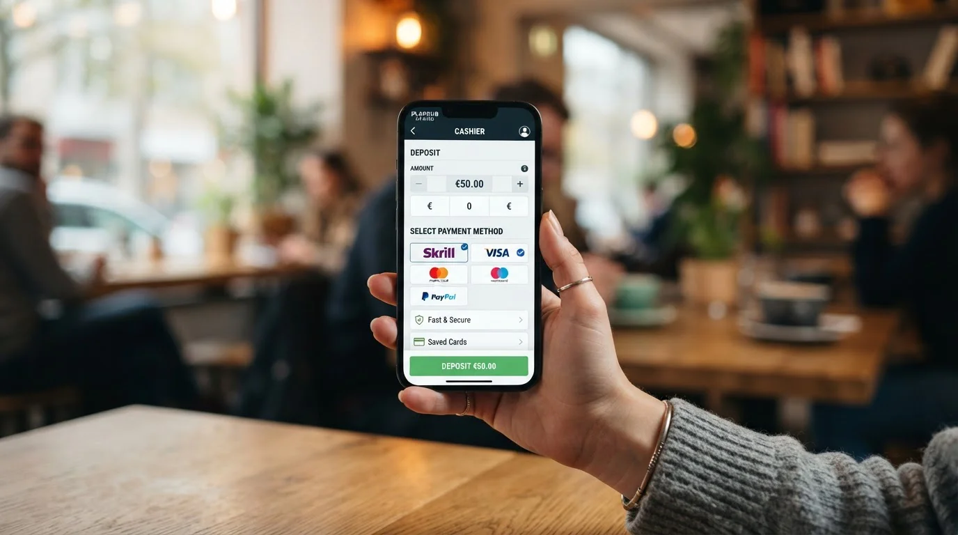 Pantalla de smartphone mostrando app de casino con opción de pago Skrill activa