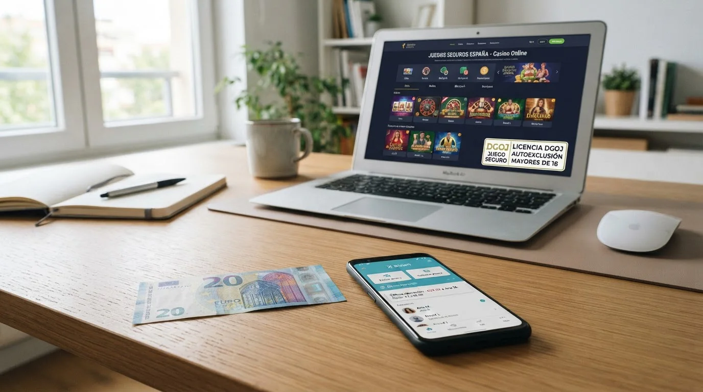 Escritorio con billete de 20 euros junto a smartphone mostrando app bancaria Bizum y laptop con casino online español DGOJ