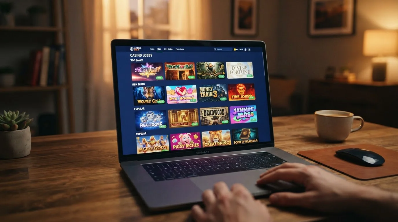 Pantalla de ordenador mostrando catálogo de juegos de casino online