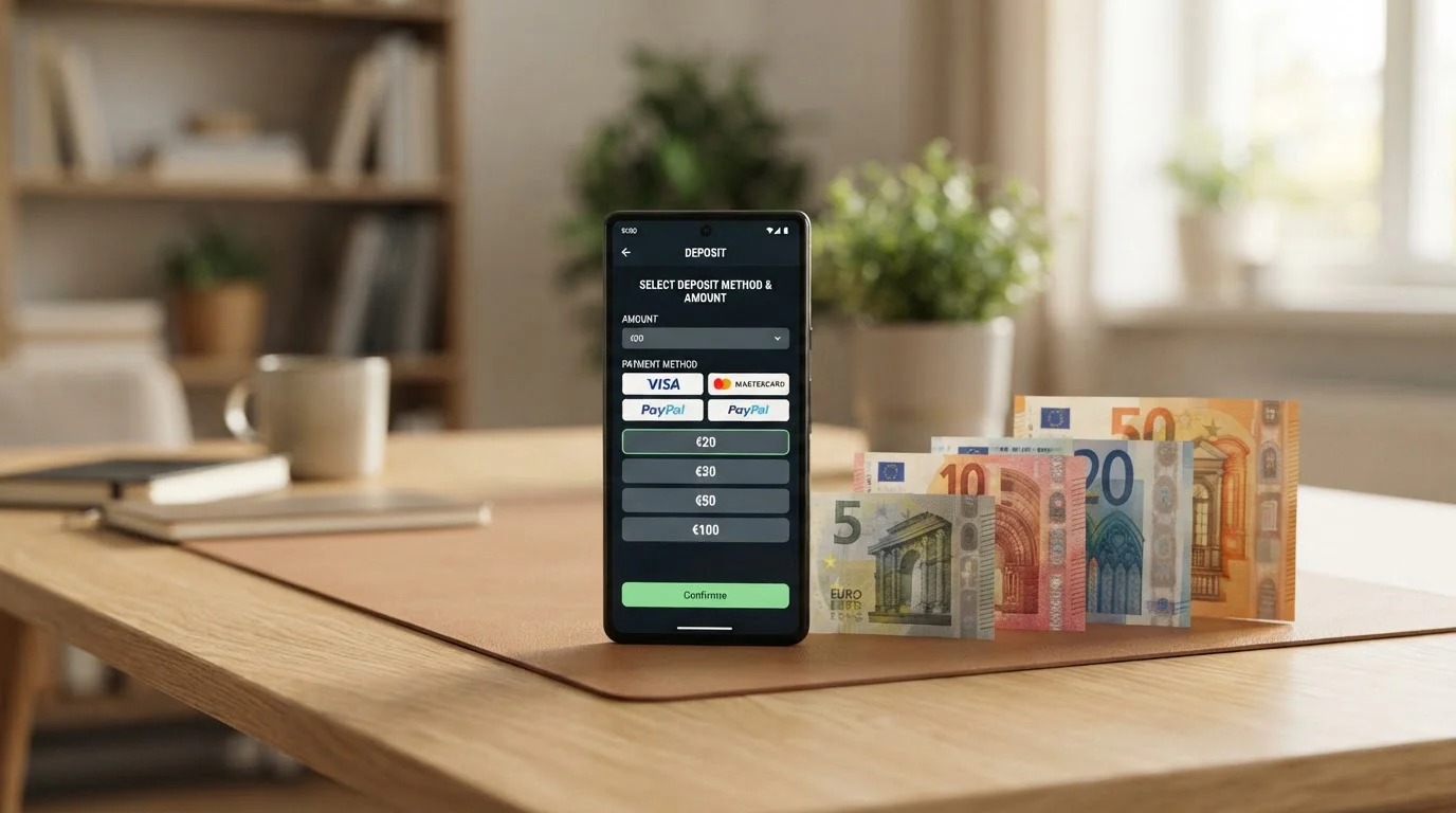 Escritorio moderno con smartphone mostrando opciones de depósito de casino y billetes simbólicos de euros