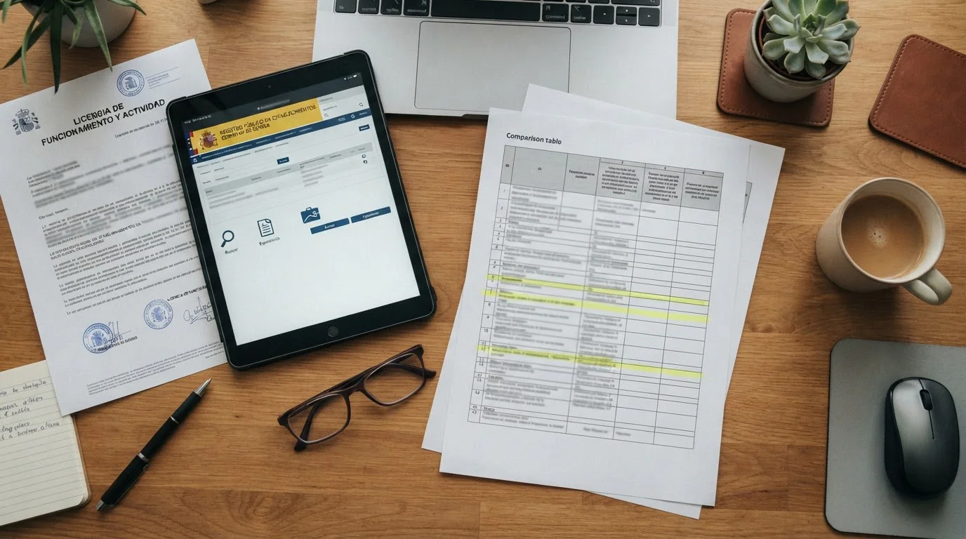 Escritorio con tabla comparativa de casinos y documento de licencia DGOJ