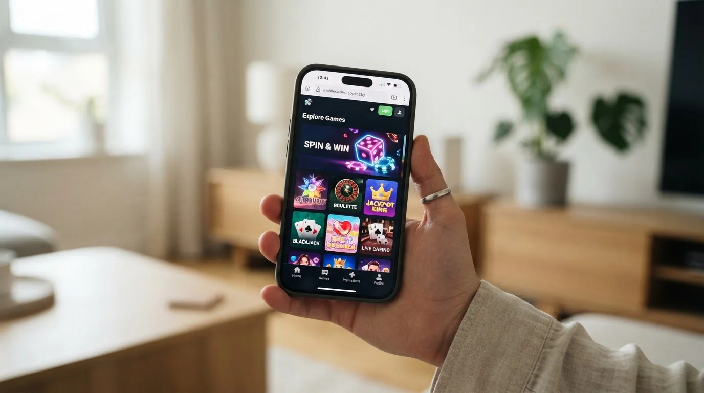 Smartphone mostrando sitio web de casino responsive en navegador móvil