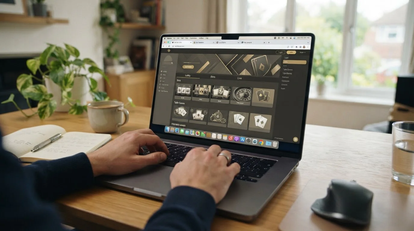 Pantalla de laptop mostrando interfaces de casinos con licencias Curaçao y MGA sin branding específico
