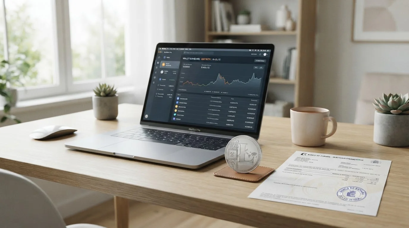 Escritorio con laptop mostrando interfaz de wallet cripto y documento oficial español