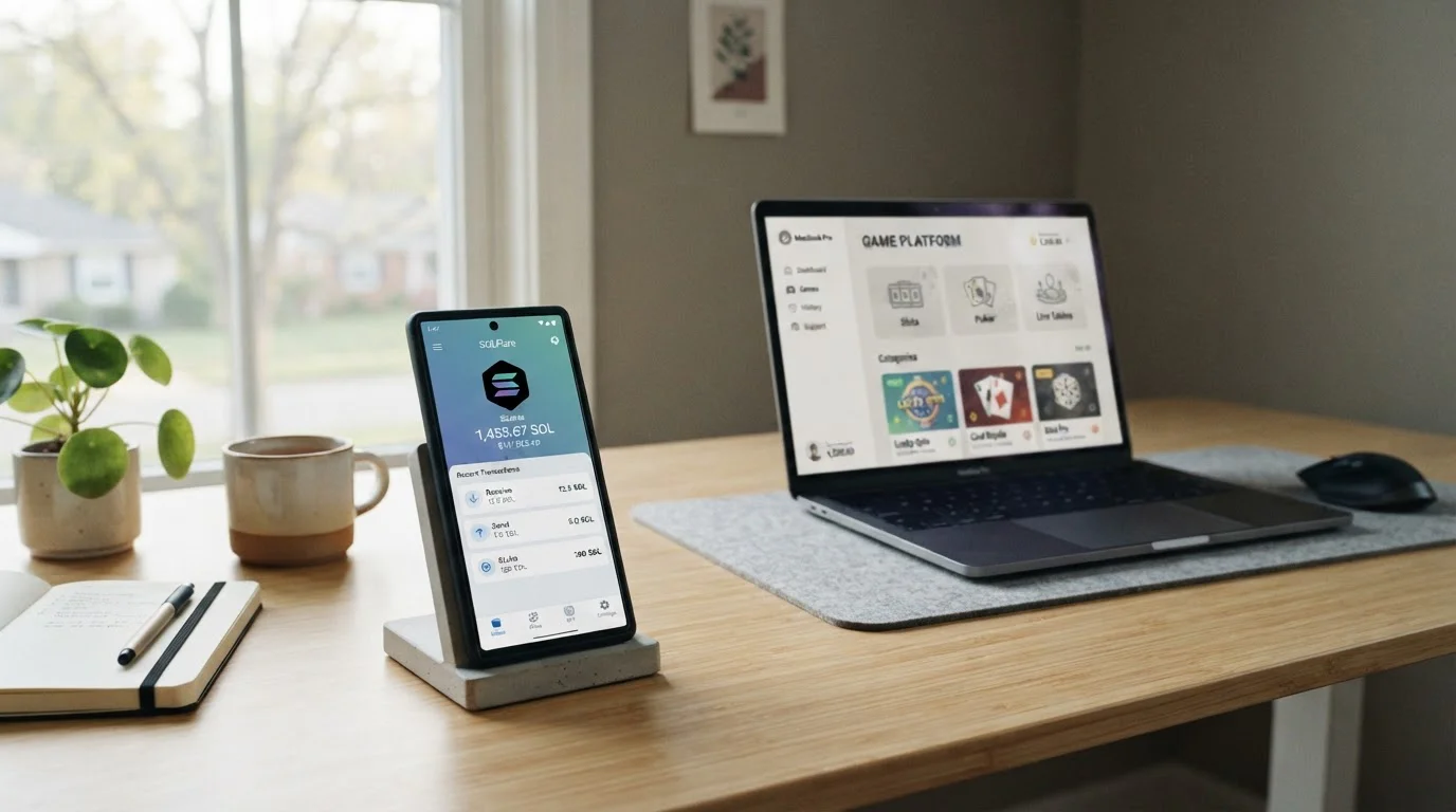 Wallet digital con criptomoneda Solana y dispositivos de juego online