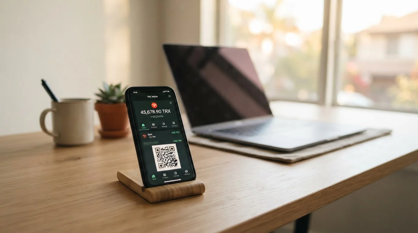 Monedero cripto mostrando saldo TRX en smartphone sobre escritorio profesional