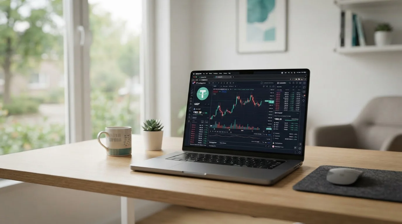 Portátil con símbolo USDT en pantalla sobre escritorio minimalista