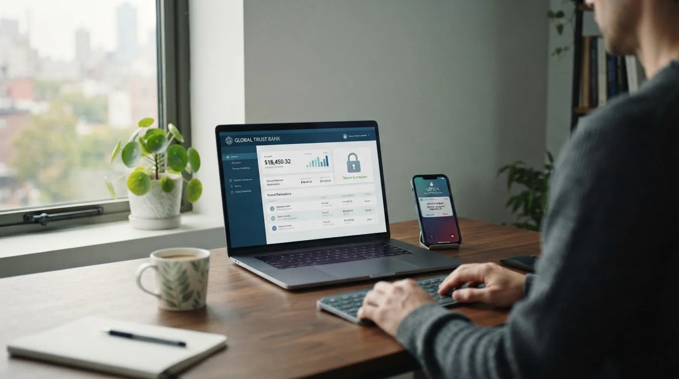 Espacio de trabajo moderno con laptop mostrando interfaz de banca segura y smartphone con notificación de autenticación