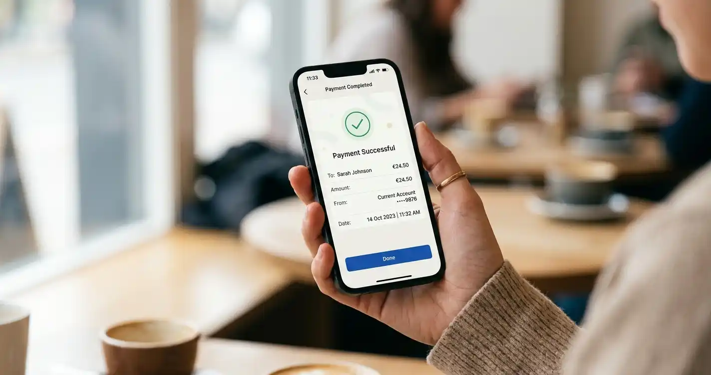 Notificación de pago completado en aplicación bancaria móvil