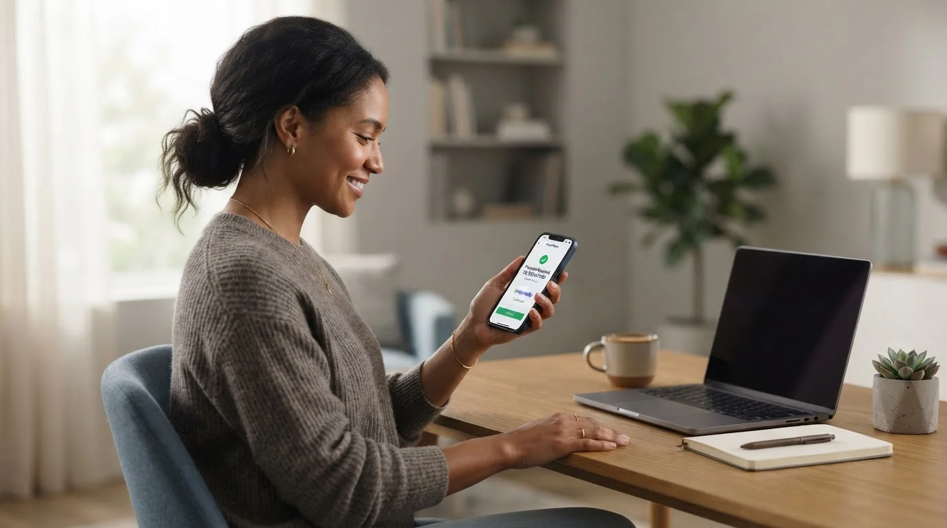 Persona revisando su teléfono móvil con notificación de pago recibido junto a laptop en escritorio moderno