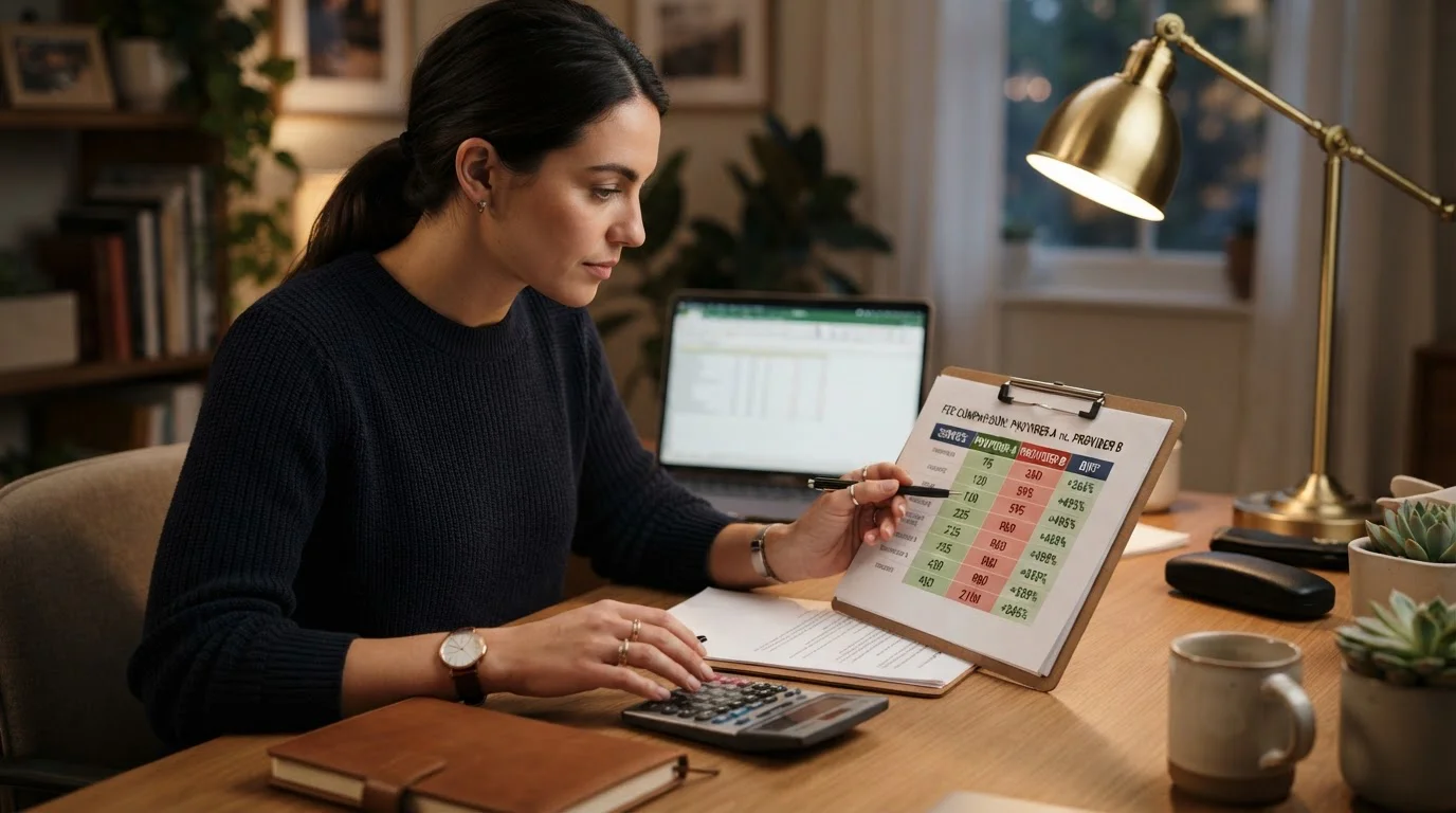 Persona en escritorio revisando gráfico comparativo de comisiones con calculadora mostrando números bajos