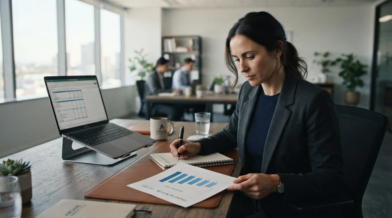 Persona revisando documento financiero con gráfico y laptop con hoja de cálculo