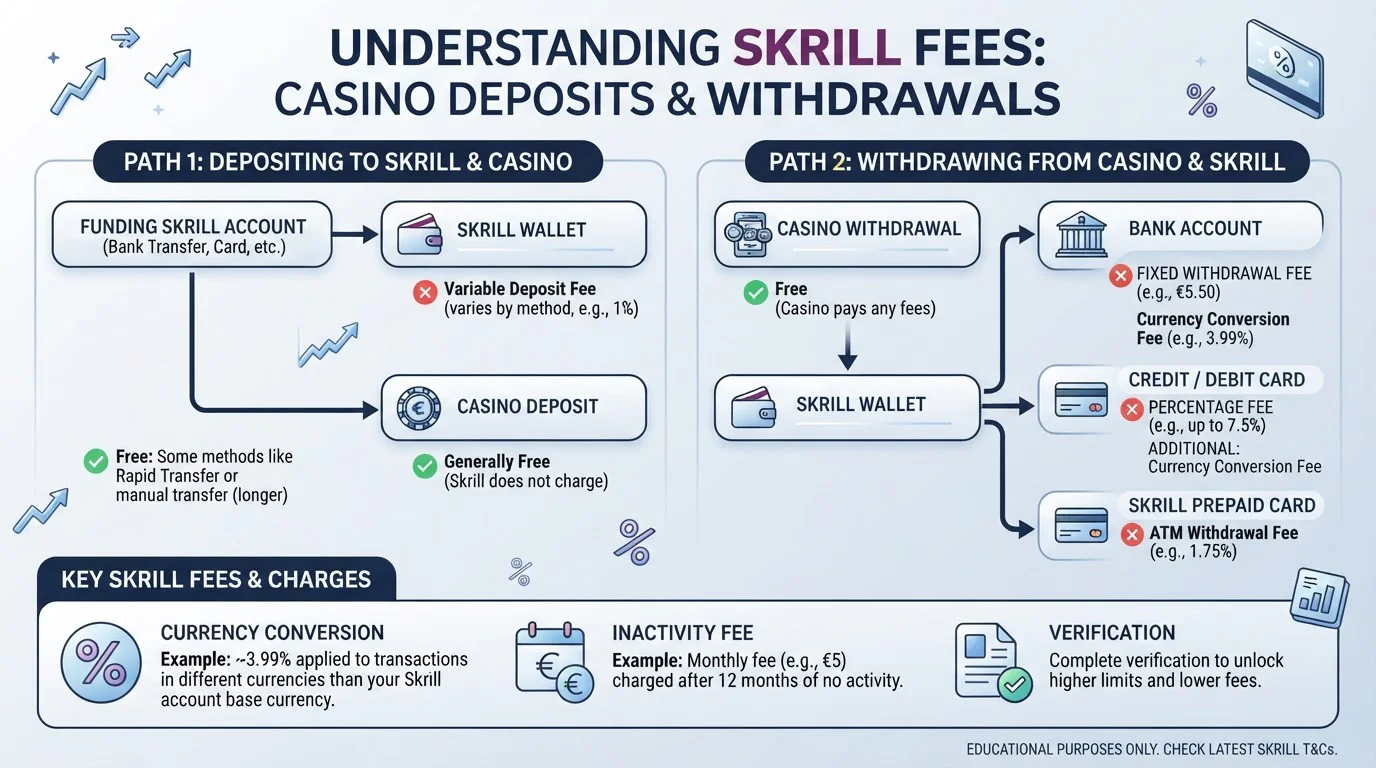 Desglose visual de comisiones Skrill en distintos momentos del proceso de casino