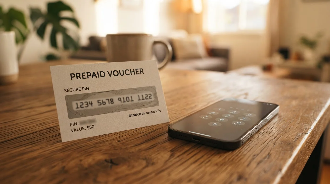 Cupón Paysafecard con PIN de 16 dígitos sobre mesa junto a smartphone