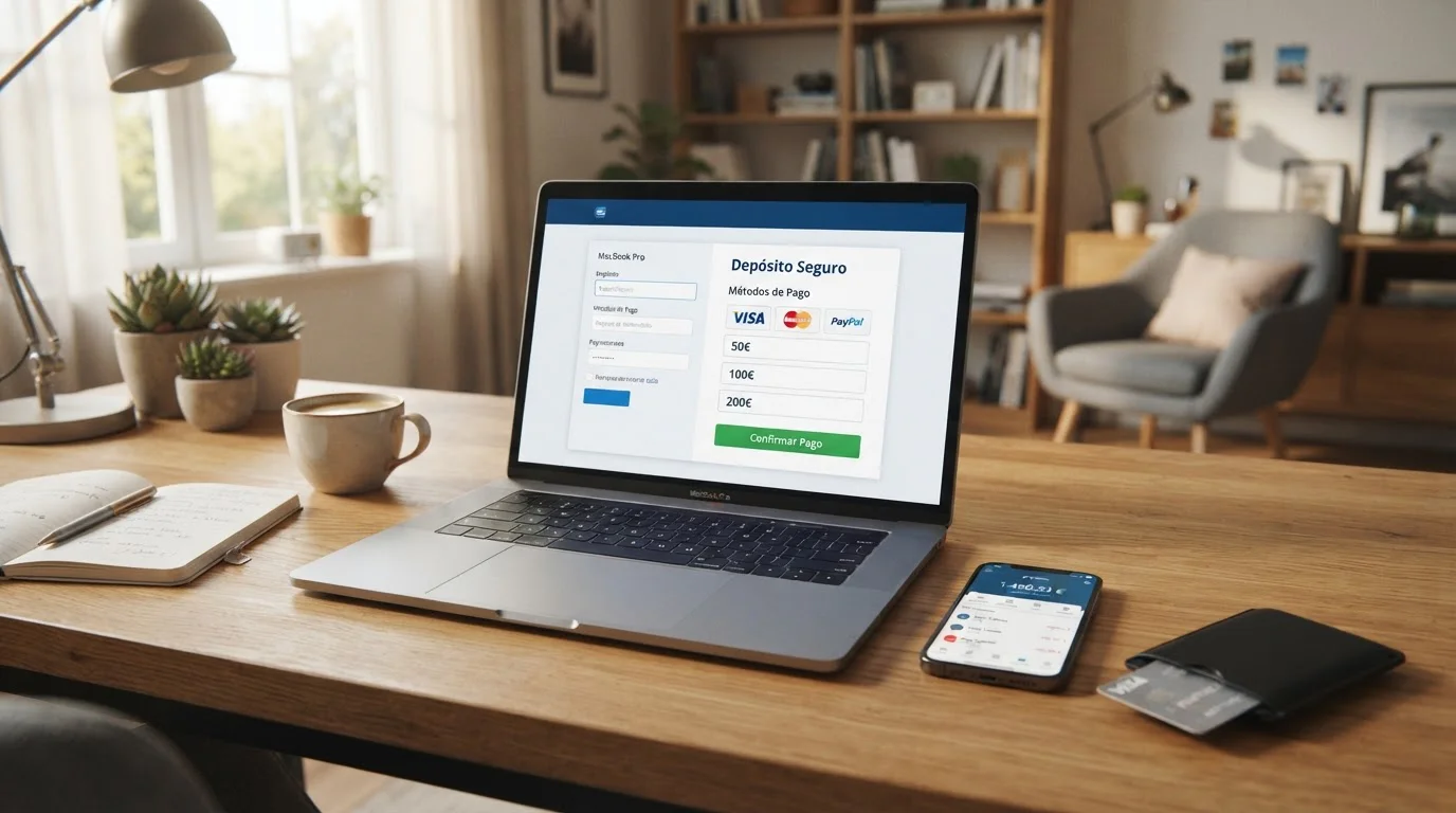 Escritorio con ordenador portátil mostrando interfaz de pago en casino online español