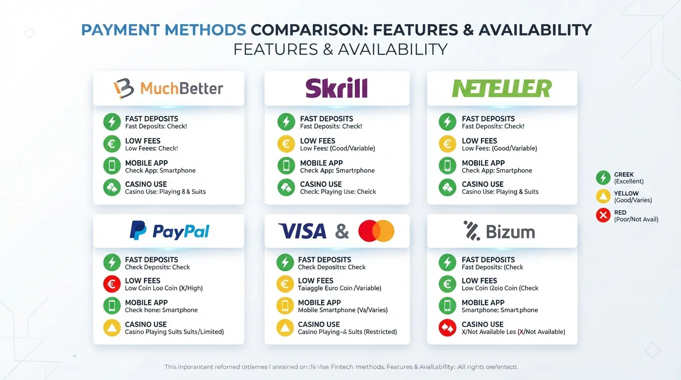 Comparación MuchBetter Skrill Neteller PayPal Bizum tarjetas: velocidad comisiones disponibilidad bonos