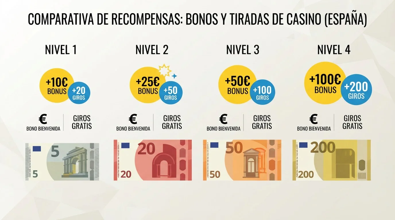 Gráfico comparativo mostrando cuatro billetes de diferentes valores con iconos de bonos y tiradas correspondientes a cada umbral de depósito