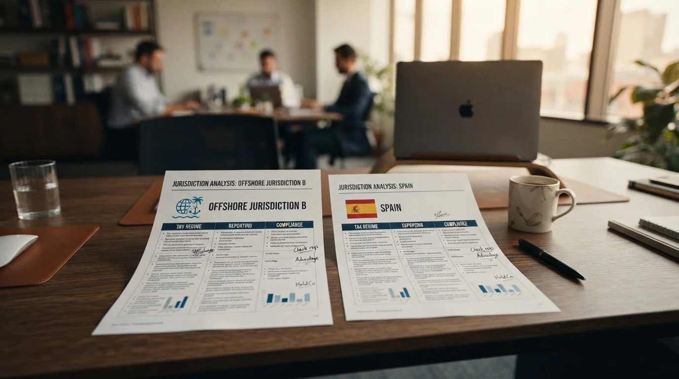 Documentos comparación casinos offshore con laptop en escritorio organizado