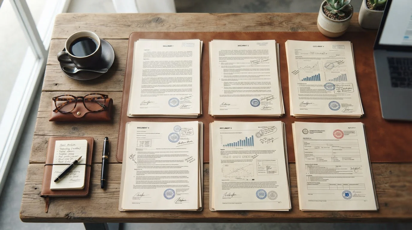 Vista cenital de escritorio con múltiples documentos organizados lado a lado, papeles oficiales con sellos, taza de café y gafas