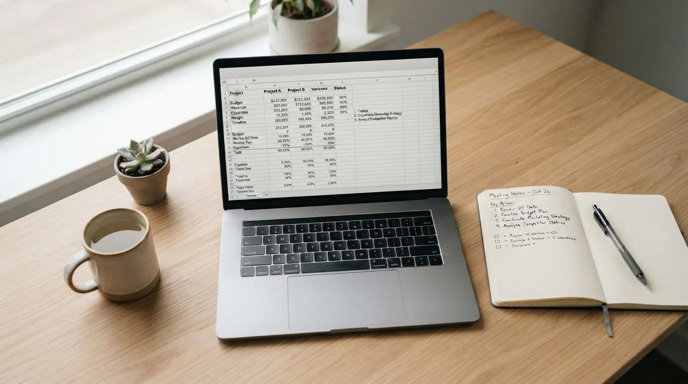 Vista cenital de escritorio con portátil mostrando comparativa de datos