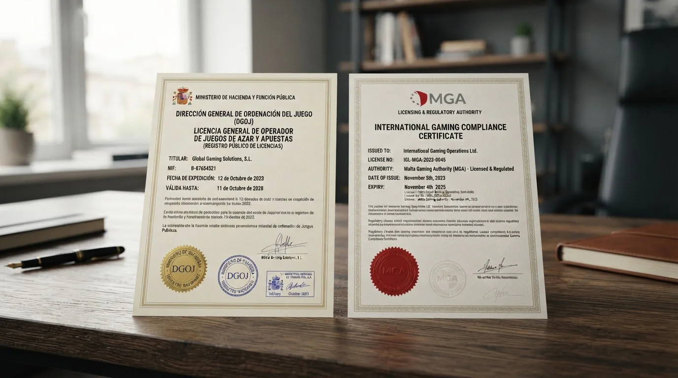 Documento de licencia DGOJ junto a licencia Curaçao mostrando diferencias regulatorias