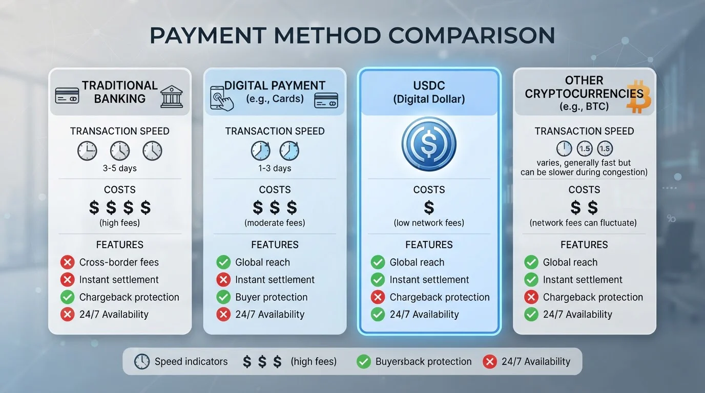 Tabla comparativa de métodos de pago mostrando USDC frente a opciones tradicionales y otras cryptos