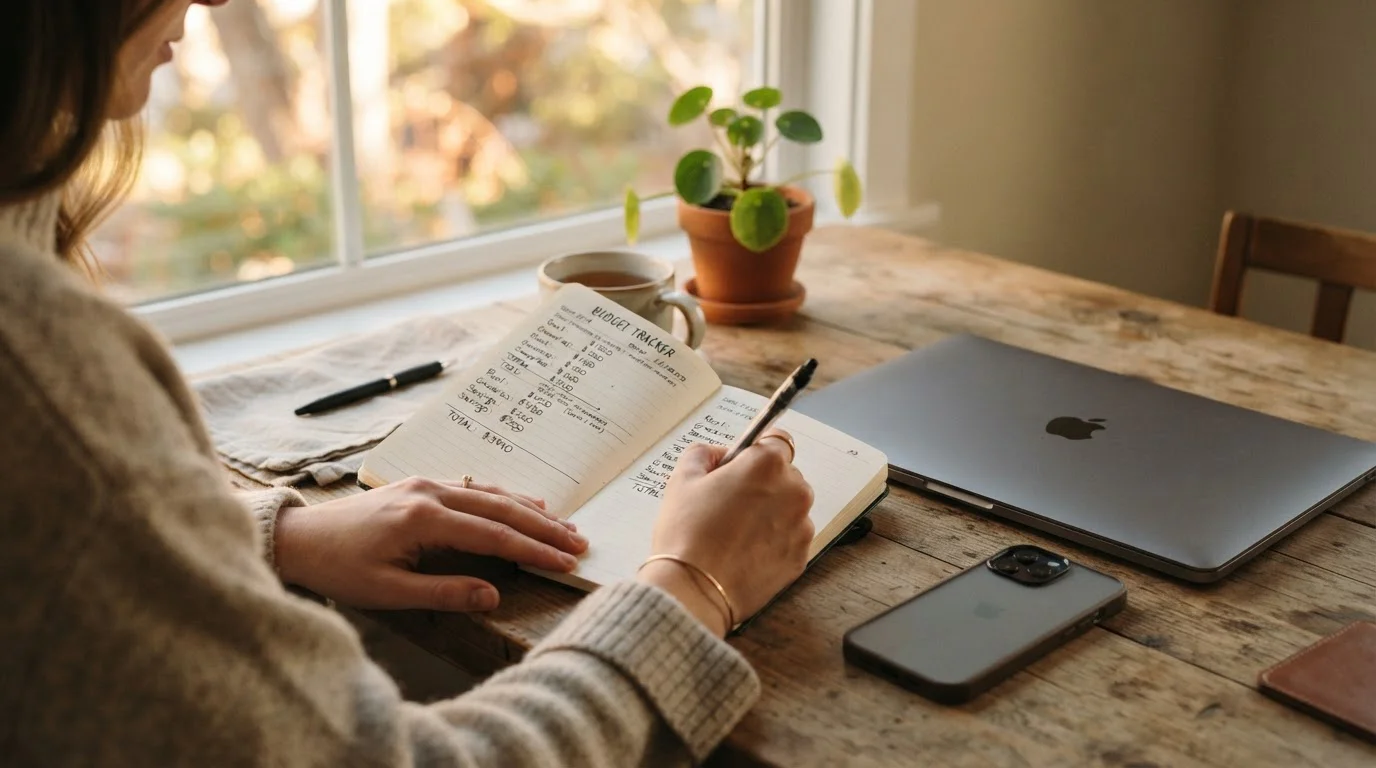 Persona escribiendo en cuaderno de presupuesto con smartphone y laptop en mesa