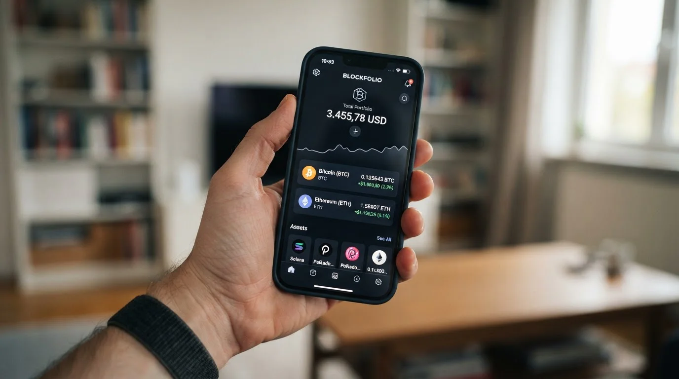 Smartphone mostrando wallet de criptomonedas con Bitcoin y Ethereum