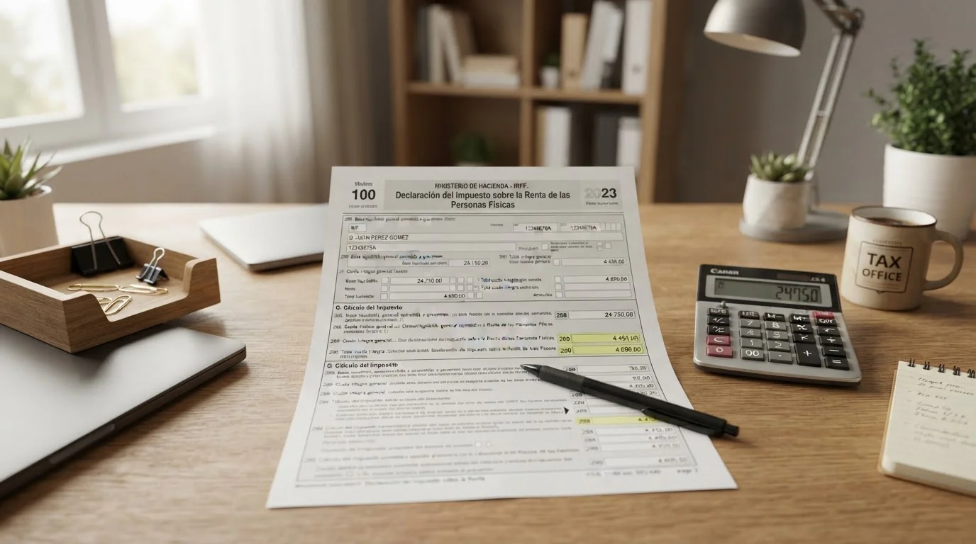Formulario IRPF con casillas 288-290 señaladas y calculadora
