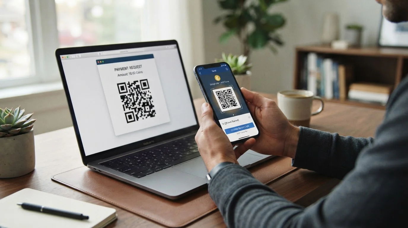 Manos con smartphone mostrando wallet cripto y laptop con código QR