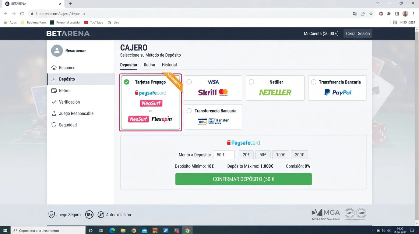 Pantalla de cajero de casino online mostrando opción Paysafecard entre métodos de pago