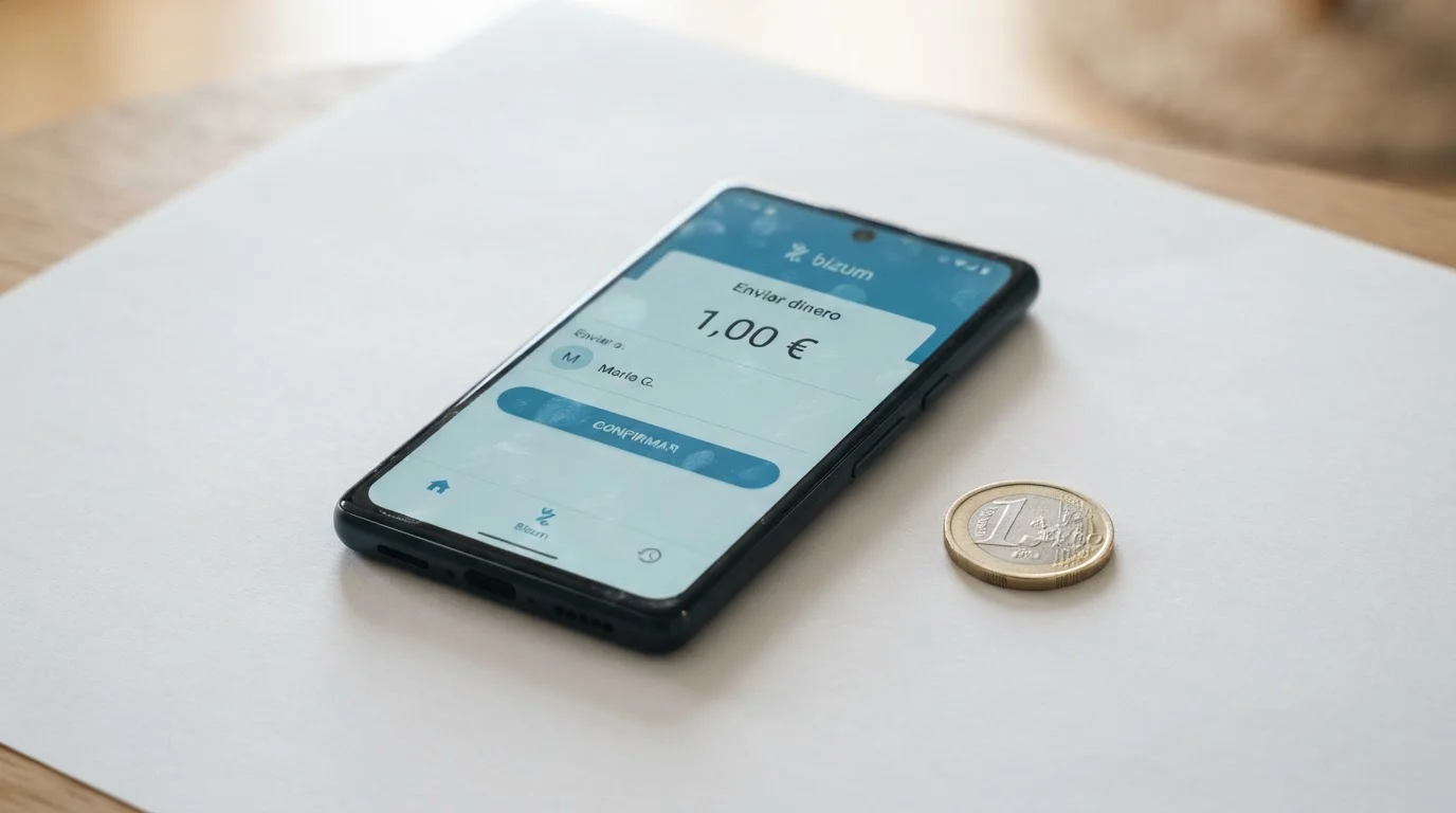 Teléfono móvil con aplicación Bizum y símbolo de 1 euro sobre fondo limpio