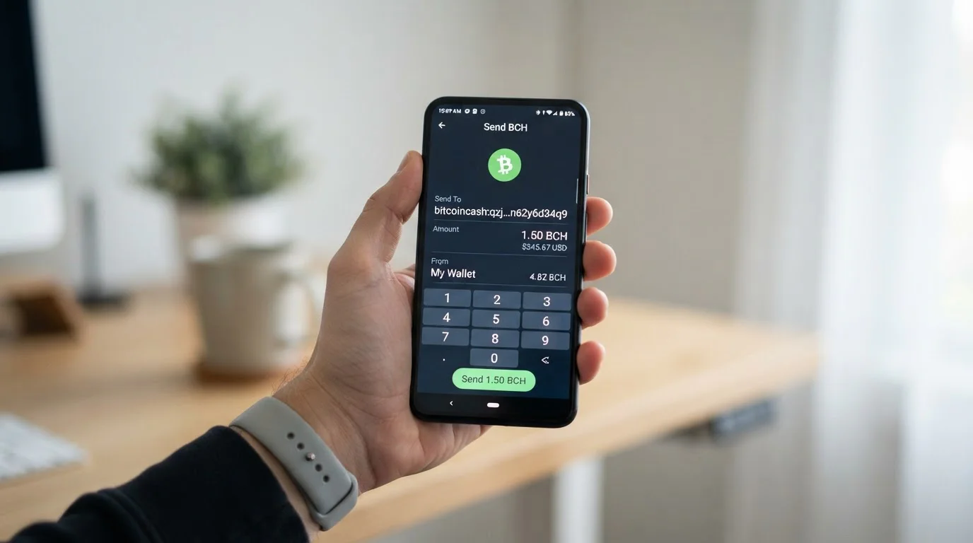 Interfaz de wallet cripto mostrando proceso de envío de BCH con dirección de casino y campo de cantidad
