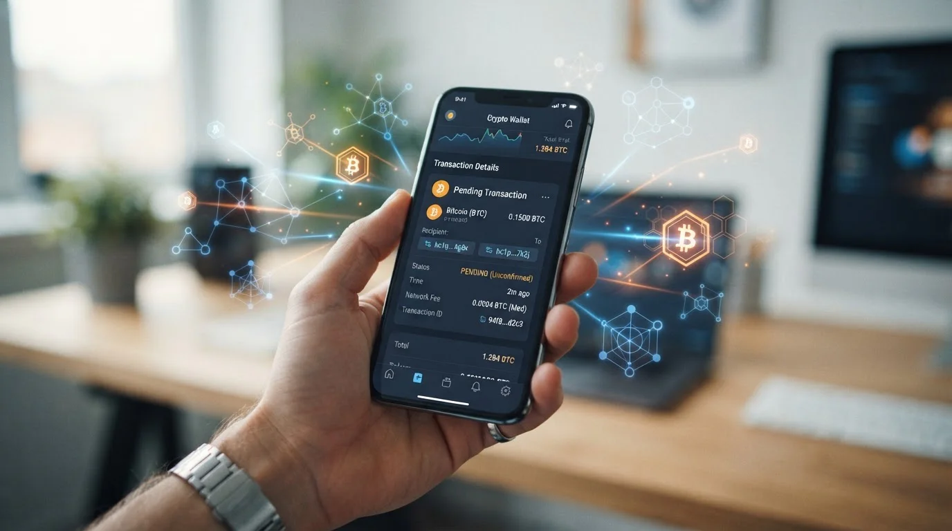 Smartphone con wallet Bitcoin abierta mostrando transacción pendiente y símbolos de diferentes redes blockchain