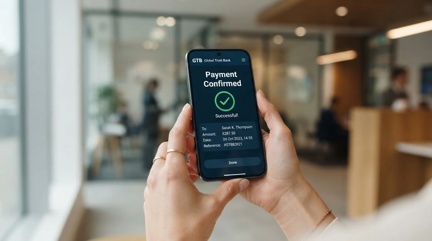 Pantalla de smartphone mostrando app bancaria con confirmación de pago Bizum