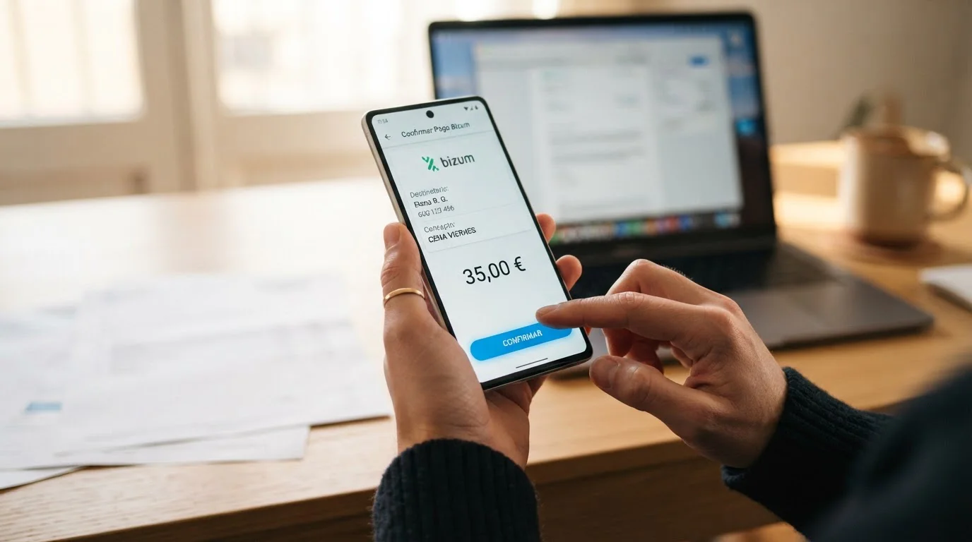 Manos sosteniendo smartphone con confirmación de pago Bizum en app bancaria para depósito en casino