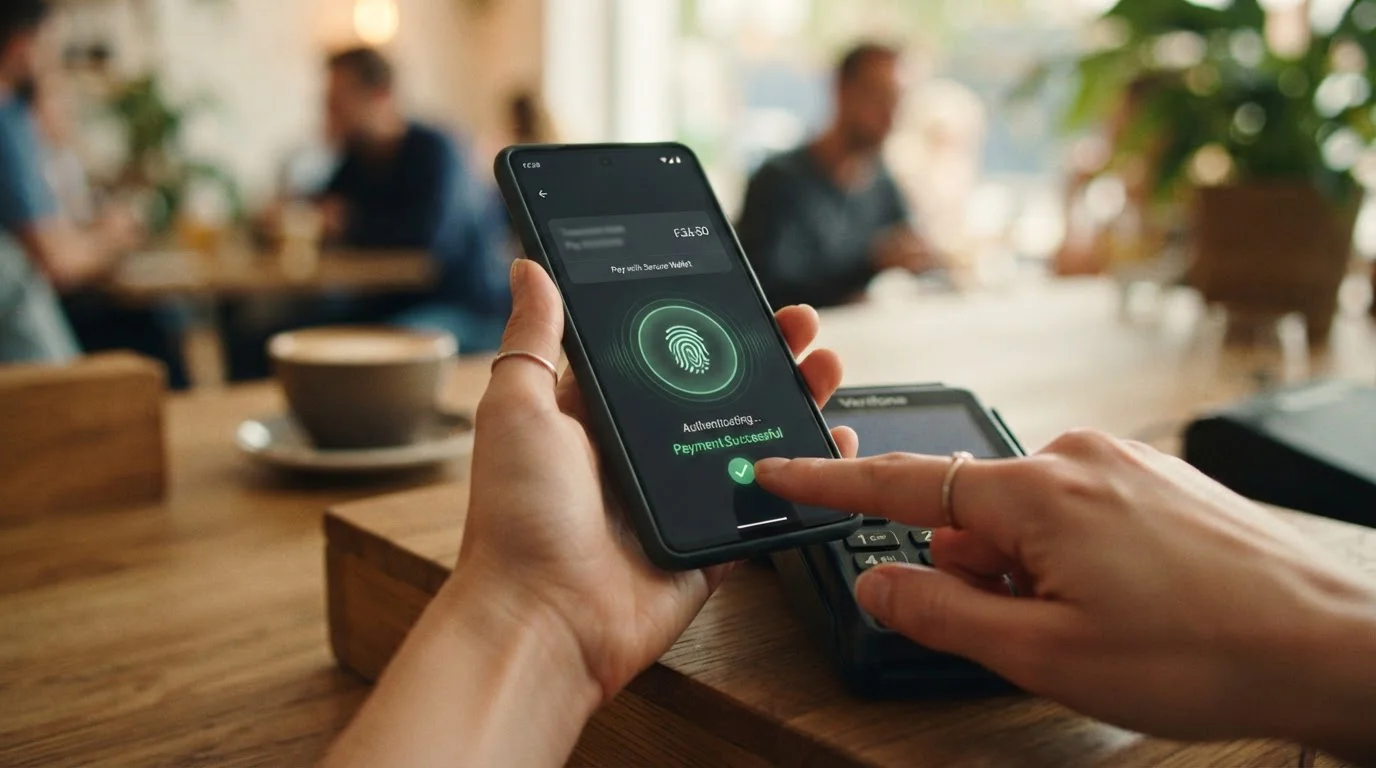 Primer plano de manos usando smartphone para autenticar pago, pantalla mostrando escaneo biométrico de huella con checkmark verde